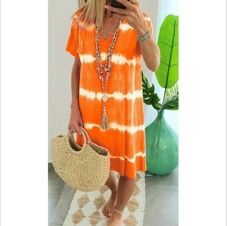 Women Fashion Casual Tie-Dye Print Short-Sleeved Loose Dress