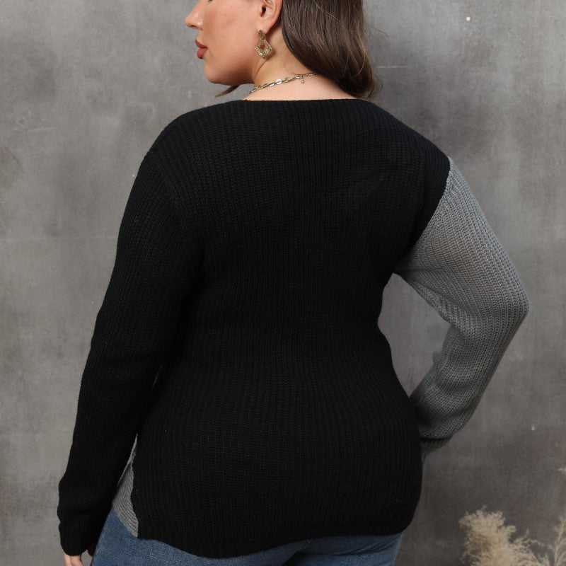 Suéter informal de punto cruzado con cuello en V y manga larga para mujer, talla grande, para invierno y otoño