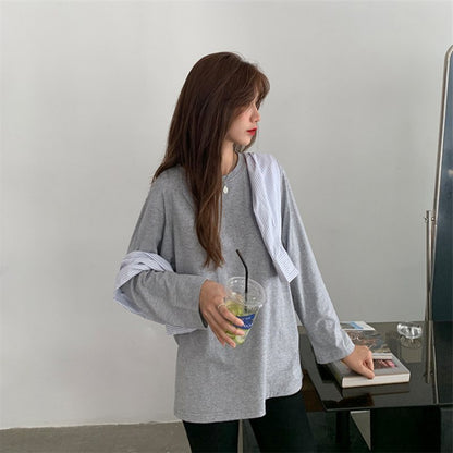 Camiseta informal holgada de manga larga con cuello redondo para mujer