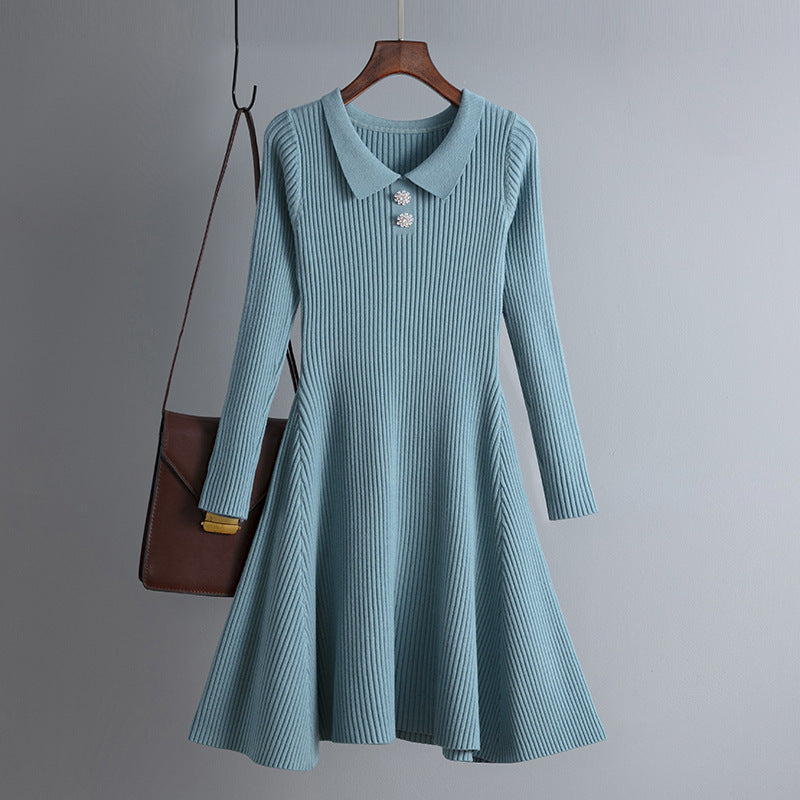 Vestido de punto de manga larga con solapa de color liso informal para mujer, otoño e invierno