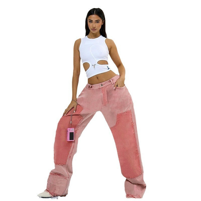 Vaqueros holgados de cintura alta con bloques de color informales a la moda para mujer