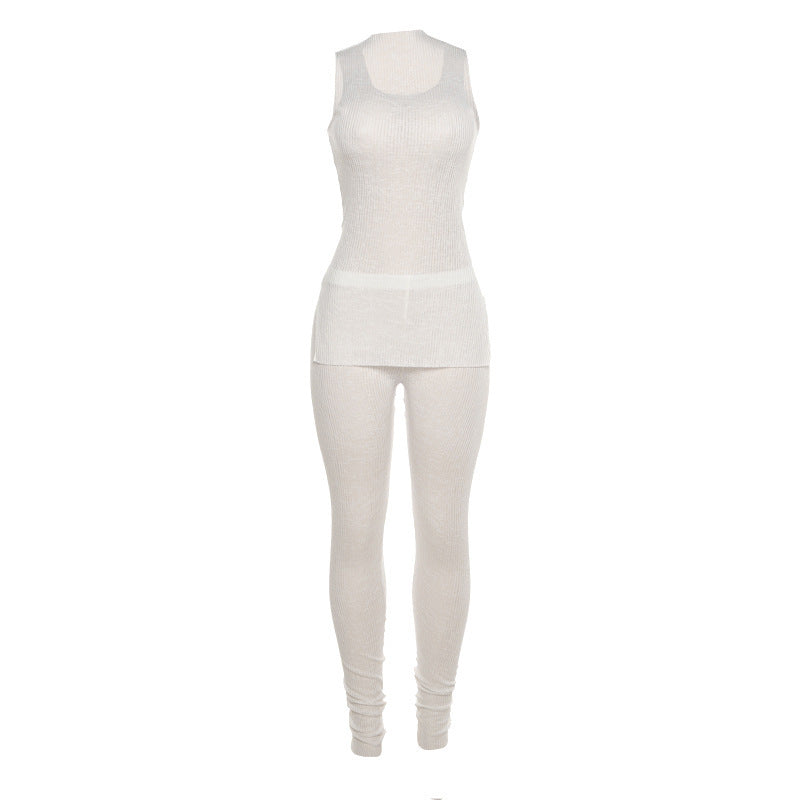Conjunto informal de camiseta sin mangas con abertura y pantalones ajustados transparentes para mujer