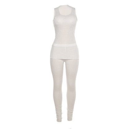 Conjunto informal de camiseta sin mangas con abertura y pantalones ajustados transparentes para mujer