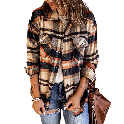 Abrigo informal con solapa y estampado a cuadros para mujer, otoño e invierno