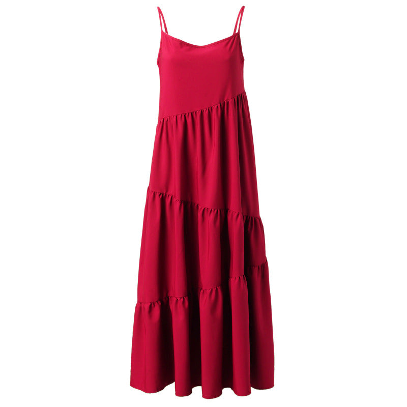 Women Casual Sleeveless Summer Loose Ruffled Solid Color Dress