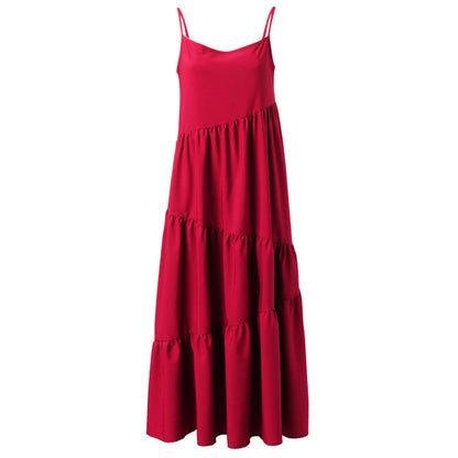 Women Casual Sleeveless Summer Loose Ruffled Solid Color Dress