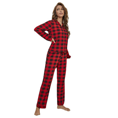 Conjunto de pijama informal de manga larga con estampado de cuadros rojos para mujer