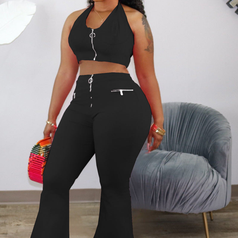 Conjunto de dos piezas de camiseta sin mangas informal y pantalones acampanados para mujer