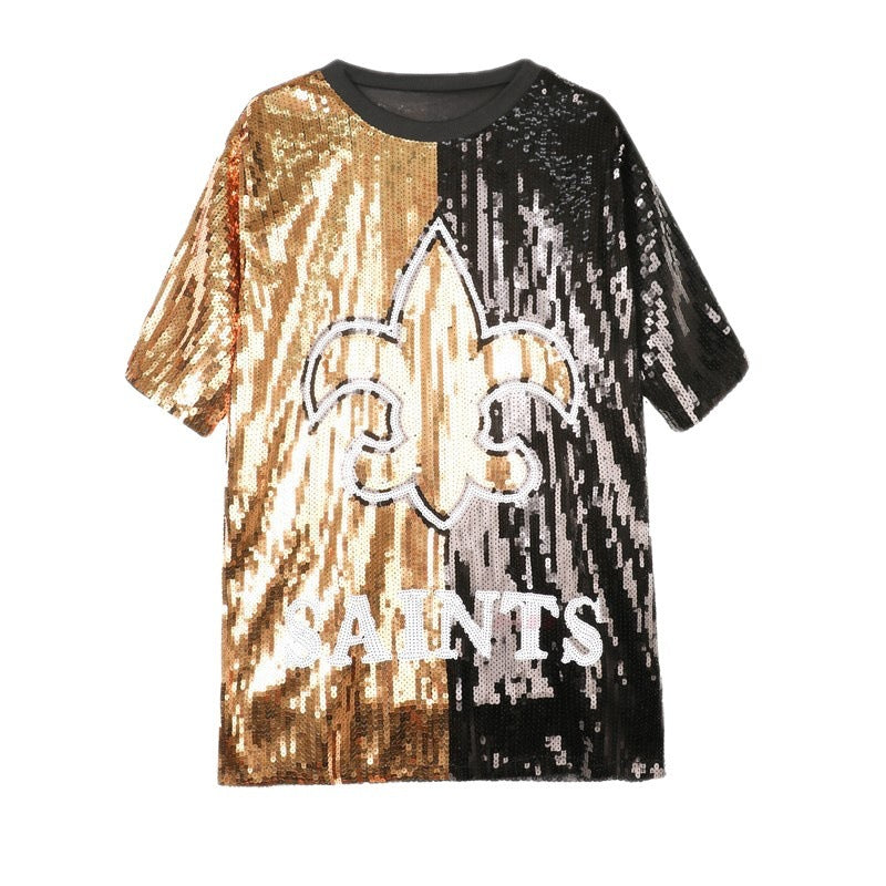 Camiseta informal de manga corta con lentejuelas y largo medio para mujer