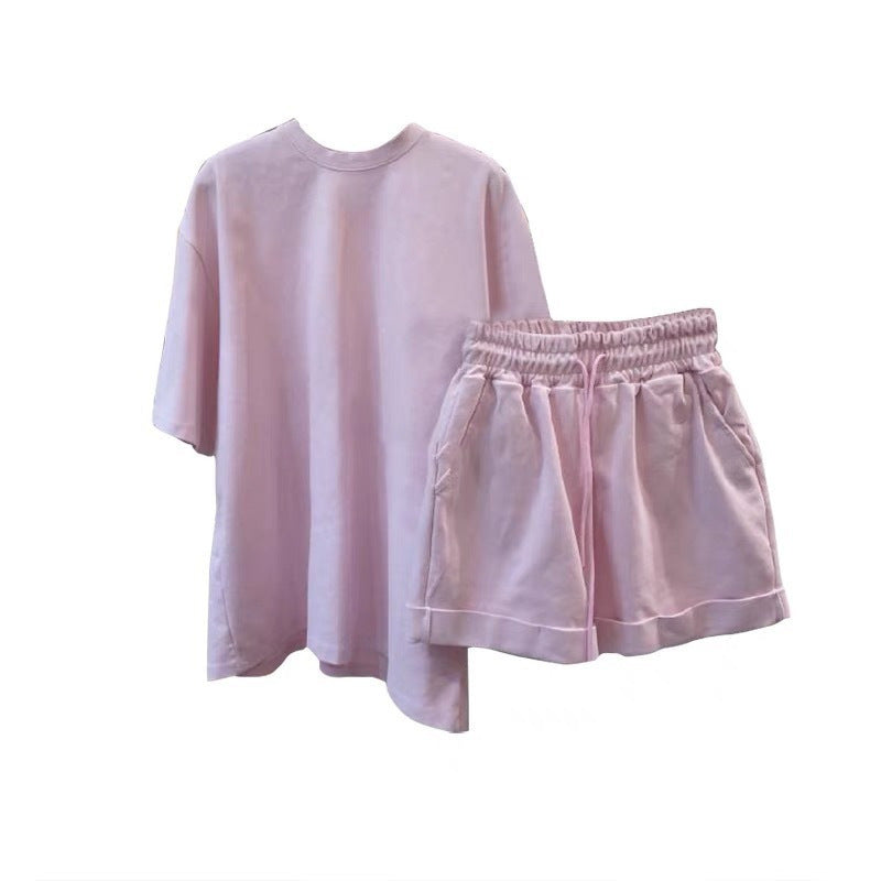 Athleisure Sports Set Women Summer Casual Basic Solid Color Short-sleeved Loose T-shirt And Shorts Set