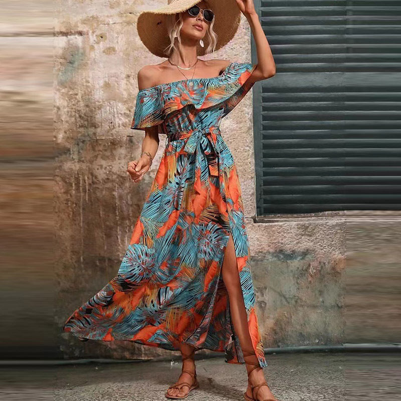 Vestido largo informal de playa con cuello barco y volantes con estampado floral para mujer