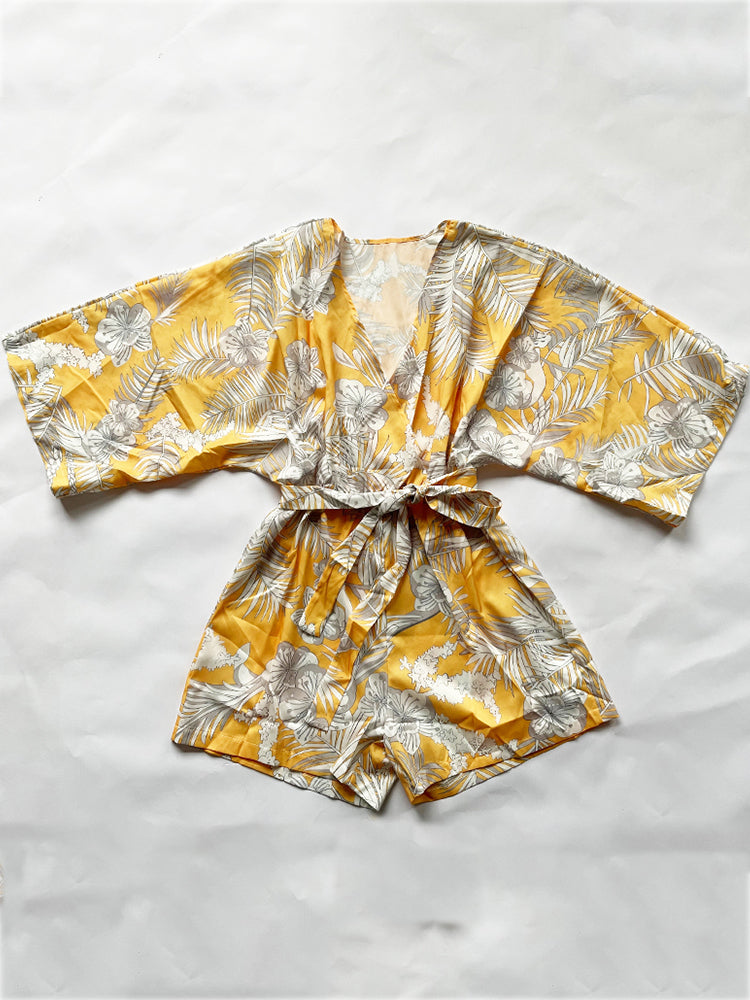 Women Elegant Casual Leaf Print Shorts Sleeve Bandage Summer Wide Leg Beach Rompers