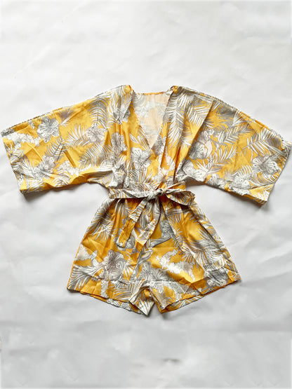 Women Elegant Casual Leaf Print Shorts Sleeve Bandage Summer Wide Leg Beach Rompers