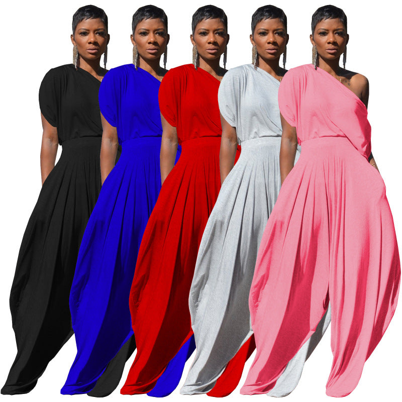 Conjunto de dos piezas de pantalones harén informales de algodón de color liso con hombros inclinados para mujer