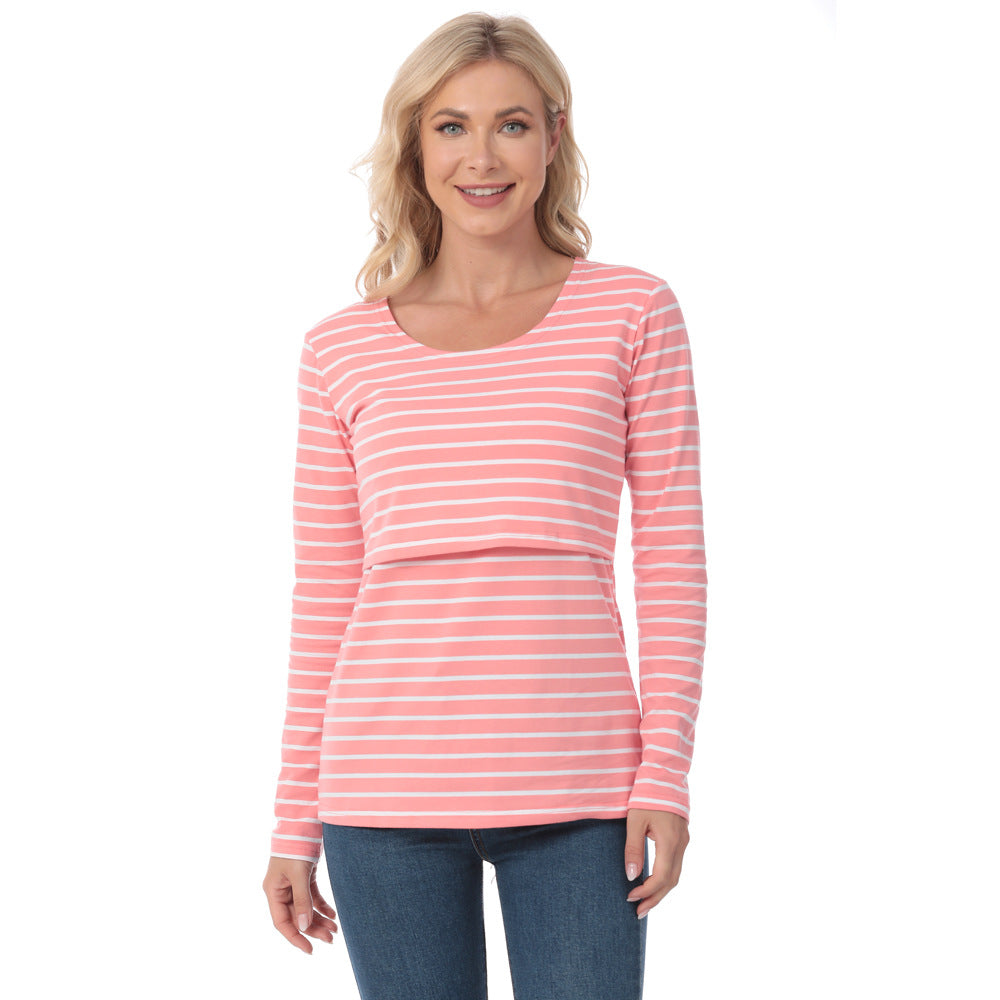 Camiseta de lactancia materna informal con cuello redondo y manga larga con estampado de rayas para embarazadas