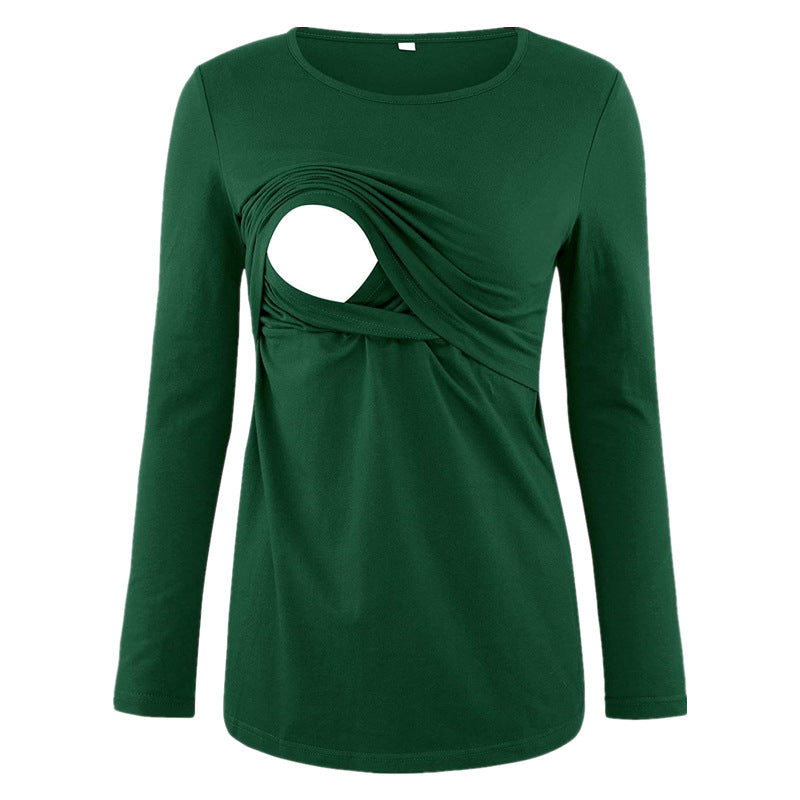 Pregnant Women Casual Solid Color Crewneck Long Sleeve Breastfeeding Top