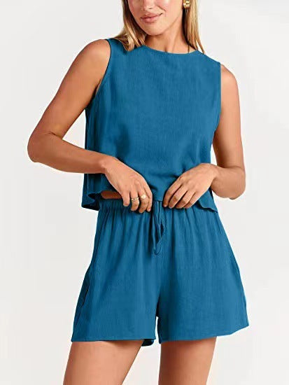 Conjunto de dos piezas formado por camiseta sin mangas y pantalones cortos de cintura alta, para mujer, estilo informal, para vacaciones de verano