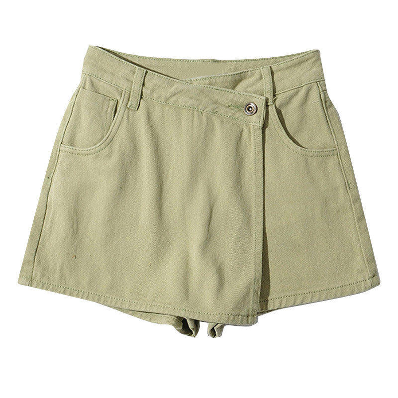 Women Summer Casual Overlap High Waist A-Shaped Denim Shorts