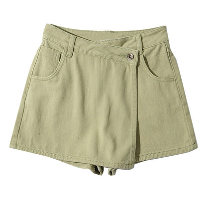 Women Summer Casual Overlap High Waist A-Shaped Denim Shorts