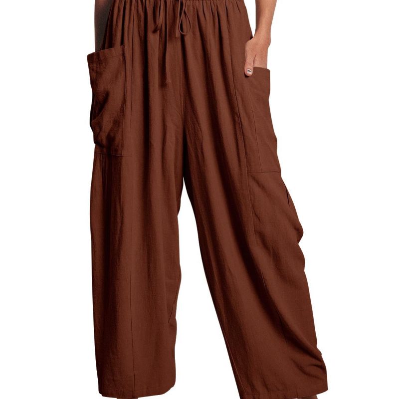 Pantalones cargo informales para mujer, con cintura elástica, plisados, de cintura alta, anchos y holgados, de algodón y lino con bolsillos.