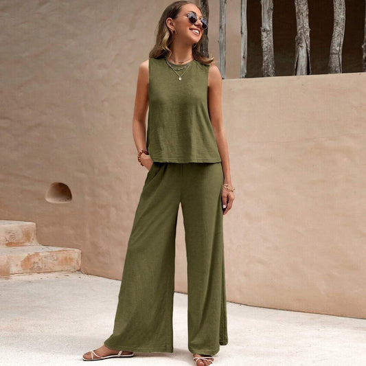 Conjunto de dos piezas para mujer: top sin mangas y pantalón ancho de color liso informal