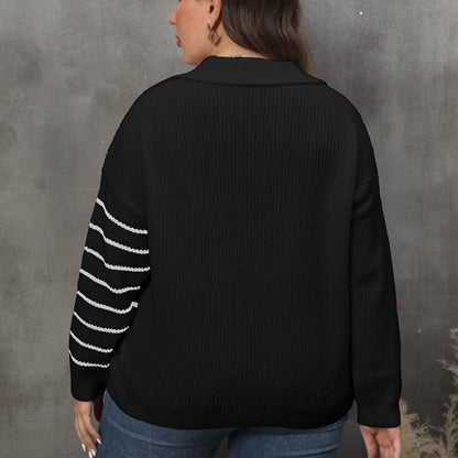 Suéter holgado informal de punto con cuello en V y solapa a rayas para mujer, talla grande, para invierno y otoño
