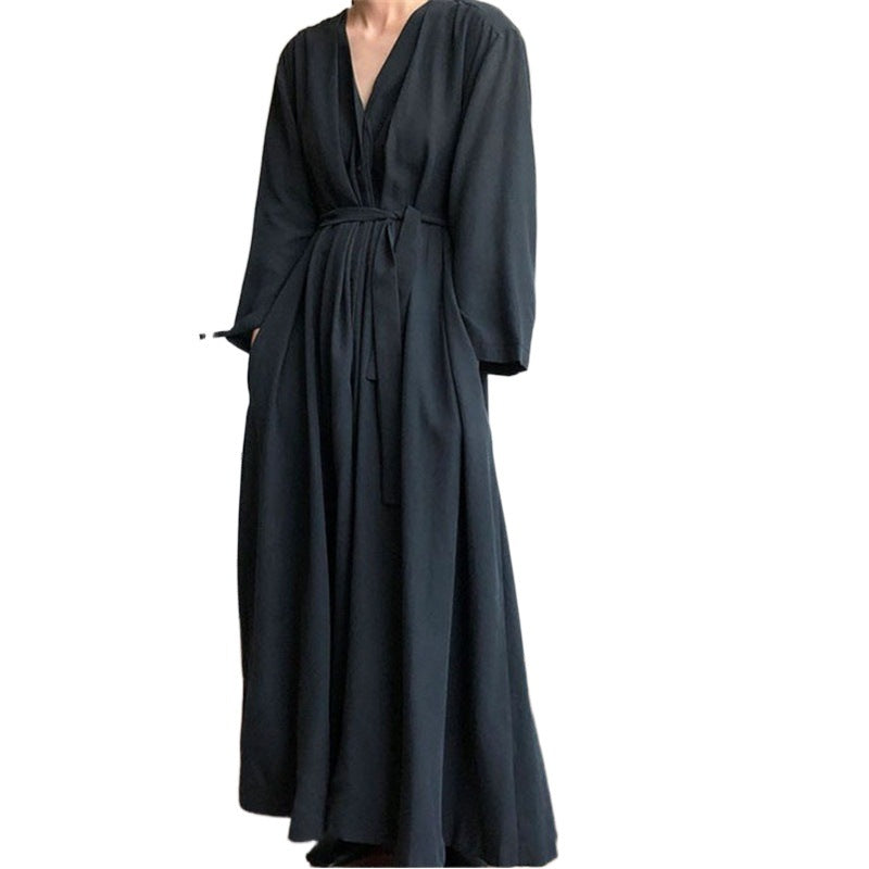 Vestido largo informal holgado de color liso con escote en V y cordones para mujer, de manga larga