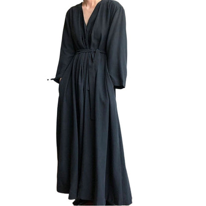 Vestido largo informal holgado de color liso con escote en V y cordones para mujer, de manga larga