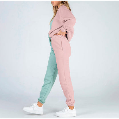 Conjunto de pantalones deportivos de cuello redondo con bloques de color informales a la moda para mujer