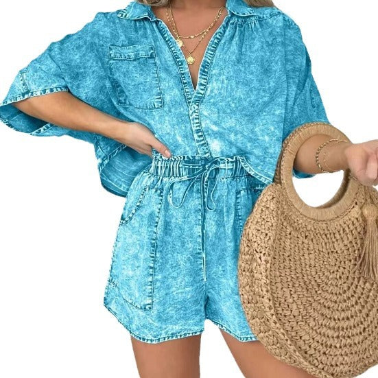 Conjunto de dos piezas de pantalones cortos casuales, holgados y cómodos para mujer