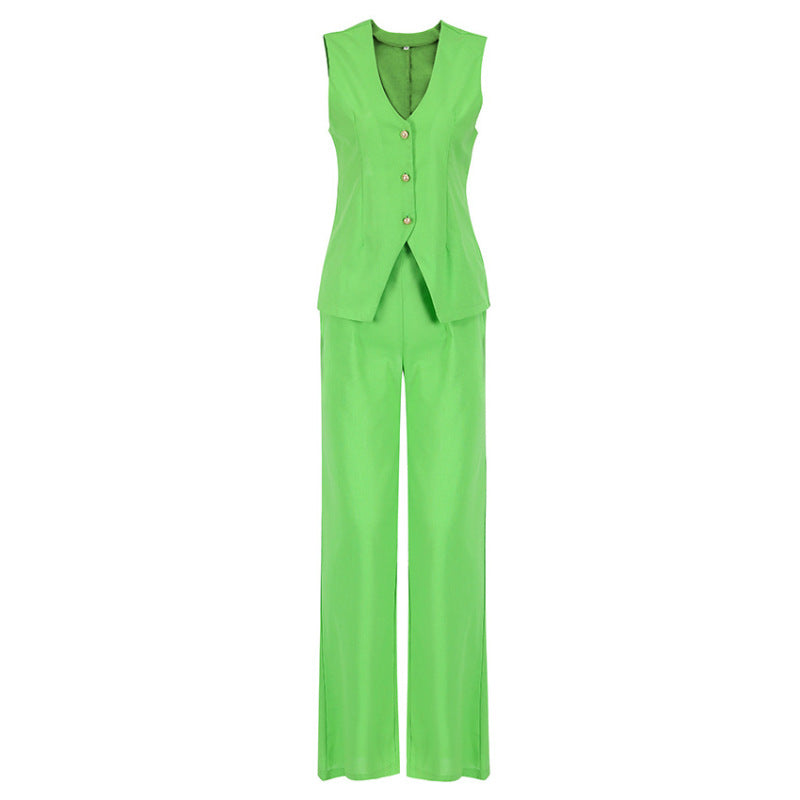 Conjunto de camiseta sin mangas y pantalón de color liso informal a la moda para mujer