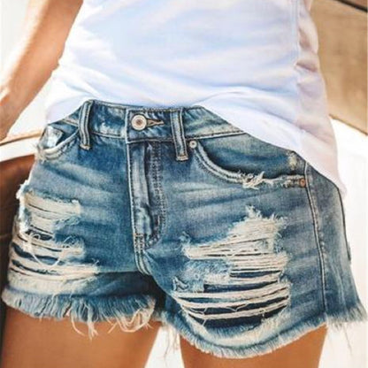 Fashion Summer Women Casual High Waist Ripped Raw Hem Denim Shorts