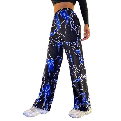Women Fashion Casual Lightning Priningt Loose Straight-Leg Pants