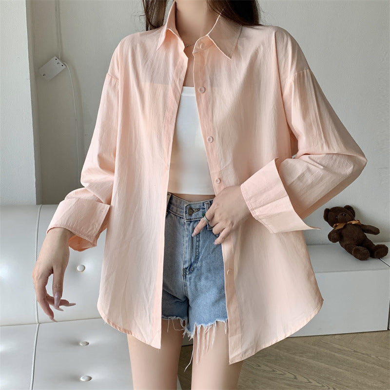 Women Basic Casual Long-Sleeved Shirt Loose Mid-Length Office Blouse