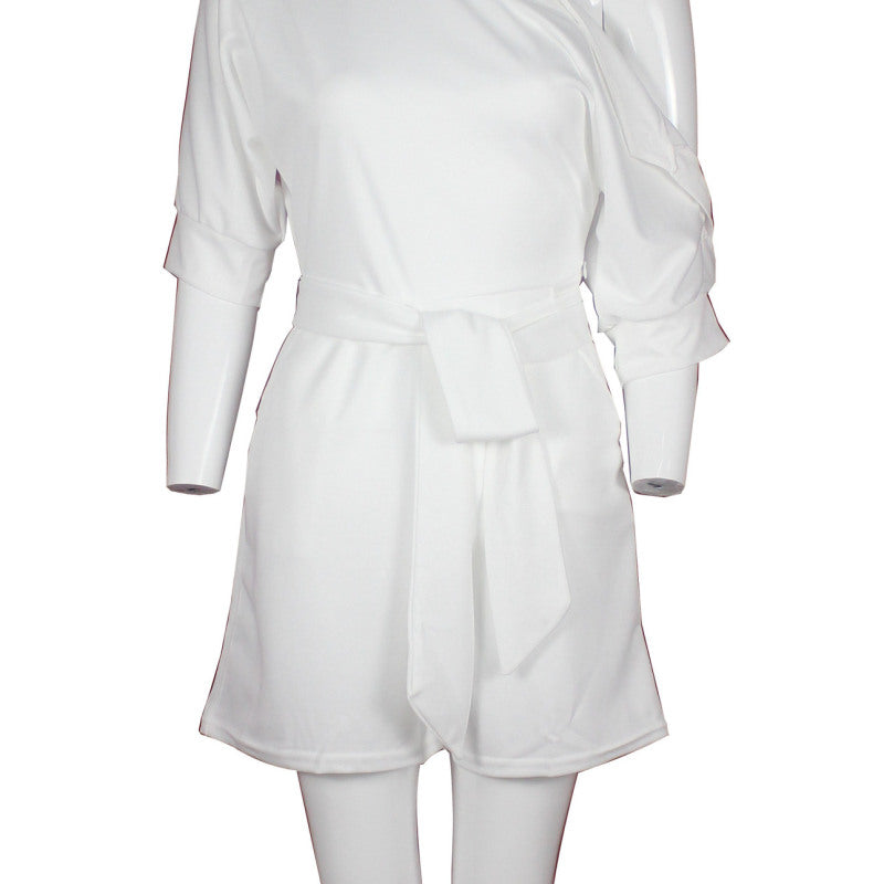 Women Casual Elegant Off-Shoulder Button Down Solid Color Short Sleeve Rompers