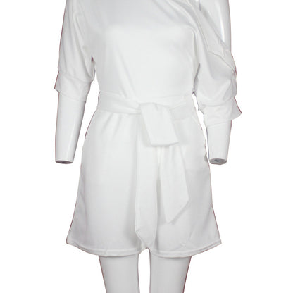 Women Casual Elegant Off-Shoulder Button Down Solid Color Short Sleeve Rompers