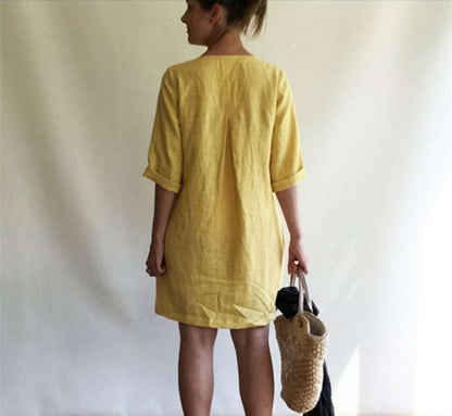 Women Fashion Casual Solid Color V-Neck Dress