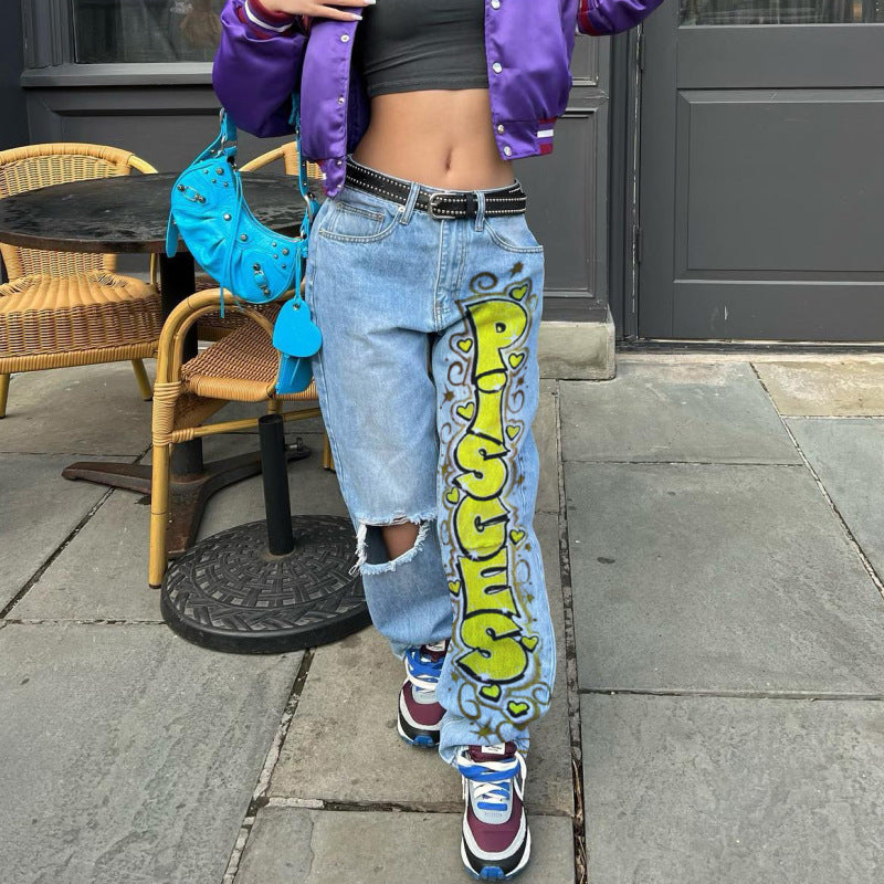 Vaqueros de pierna ancha con estampado de letras rasgadas e informales para mujer