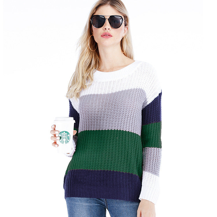 Women Casual Autumn And Winter Stripe Loose Knitted Sweater