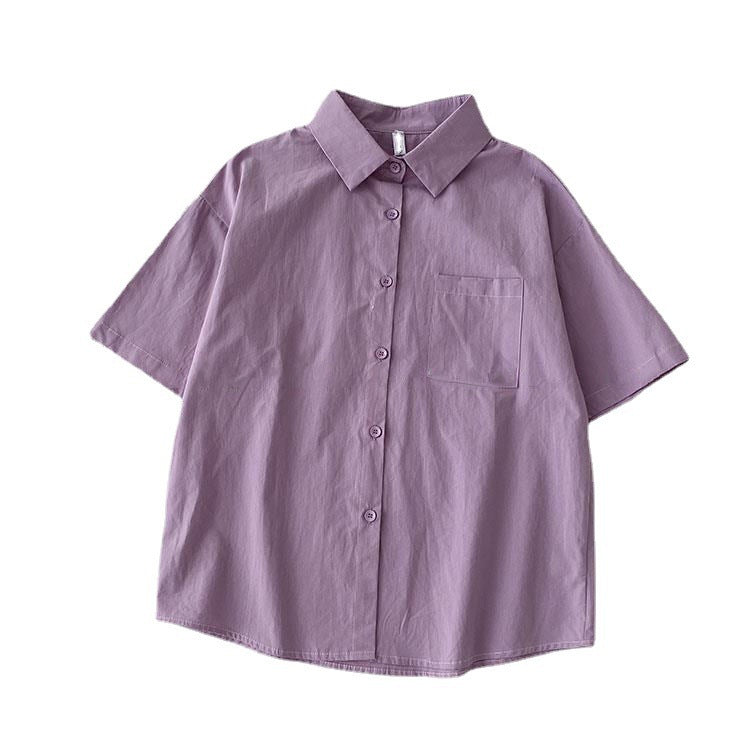 Casual Women Spring Summer Loose Fashion Short-Sleeve Solid Color Lapel Shirt Blouse