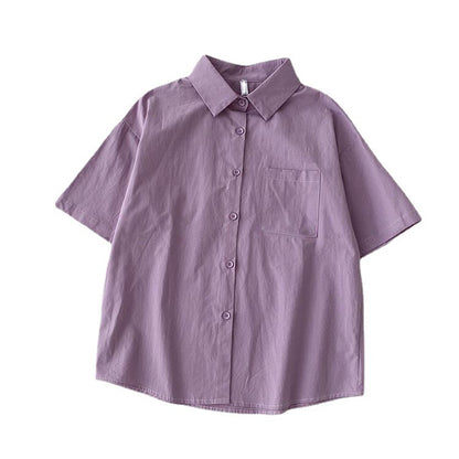 Casual Women Spring Summer Loose Fashion Short-Sleeve Solid Color Lapel Shirt Blouse