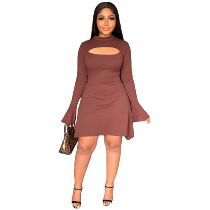 Women Casual Fashion Round Neck Long Sleeve Slit Solid Color Sexy Cut Out Dress