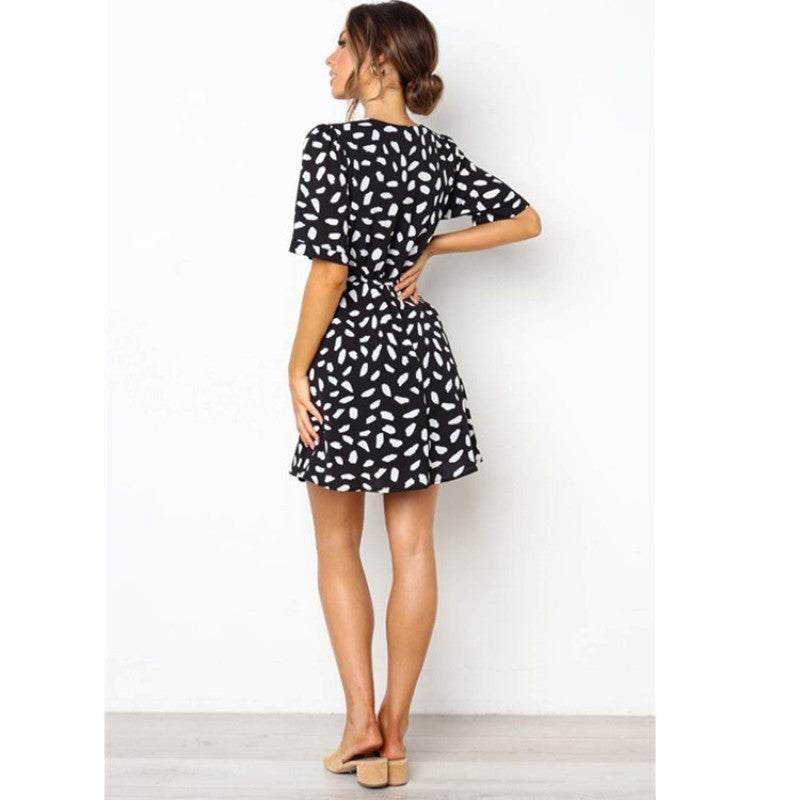 Women Casual Bohemian Elegant Summer V Neck Short Sleeves Loose Ruffled Dress