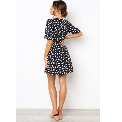 Women Casual Bohemian Elegant Summer V Neck Short Sleeves Loose Ruffled Dress
