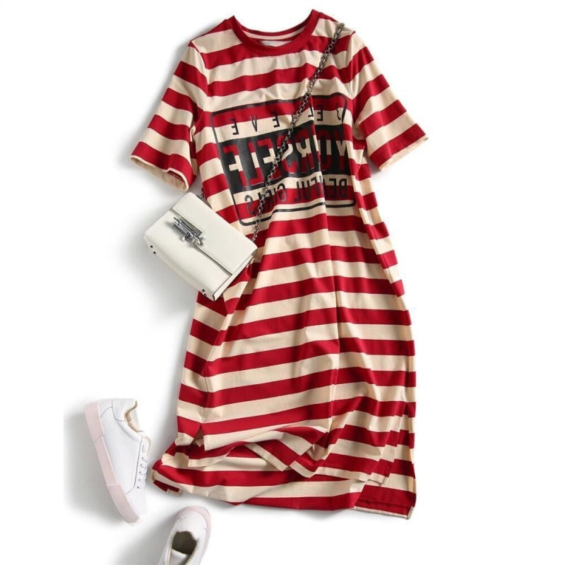 Women Casual Loose Stripe Printed Short Sleeve Dress