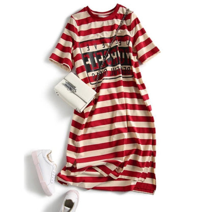 Women Casual Loose Stripe Printed Short Sleeve Dress