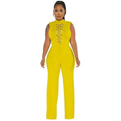 Women Solid Color High Waist Casual Wide Leg Jumpsuit