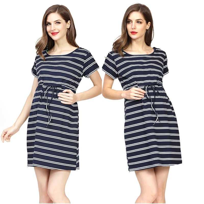 Vestido de lactancia para embarazadas, informal, con estampado de rayas, cuello redondo, manga corta, cinturón ajustable, moda de verano