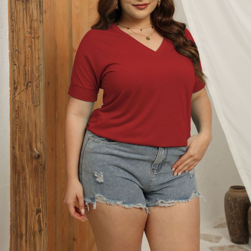 Women Fashion Casual Solid Color Short Sleeve V-Neck Plus Size Top