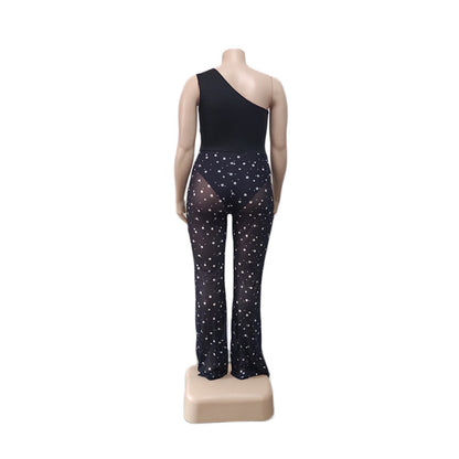 Women Fashion Casual One-Shoulder Mesh See-Through Polka Dot Printing Plus Size Jumpsuit